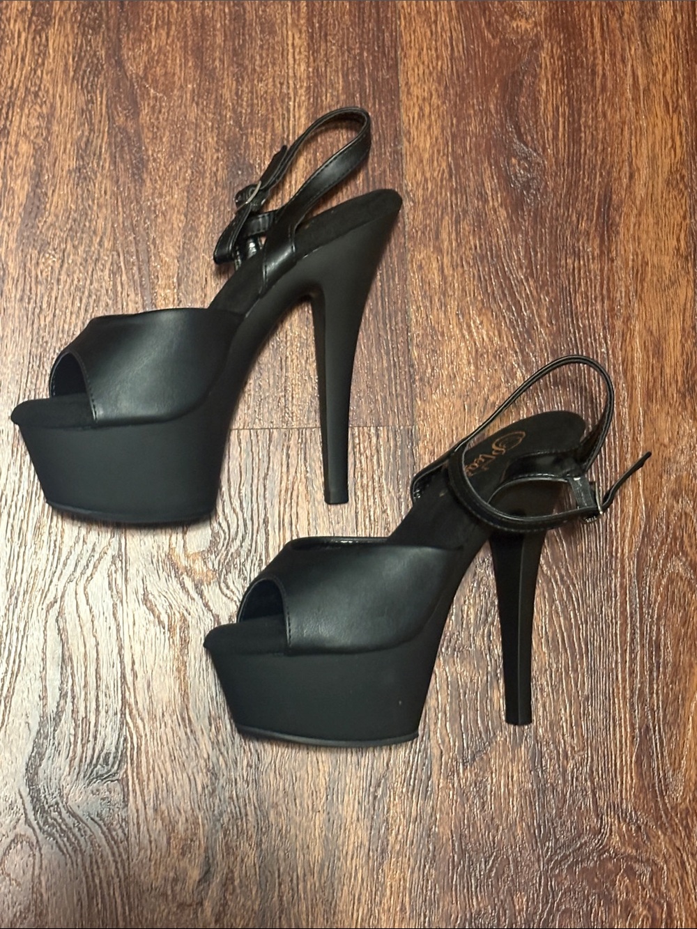 Pleasers Matte 6” Black Platform Peep-Toe High Heels with Ankle Strap